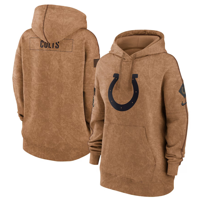 Personalized Women’s Indianapolis Colts 2023 Brown Salute To Service Pullover Hoodie(Run Small)
