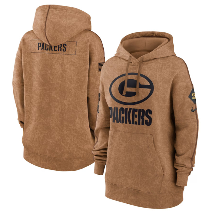 Personalized Women’s Green Bay Packers 2023 Brown Salute To Service Pullover Hoodie(Run Small)