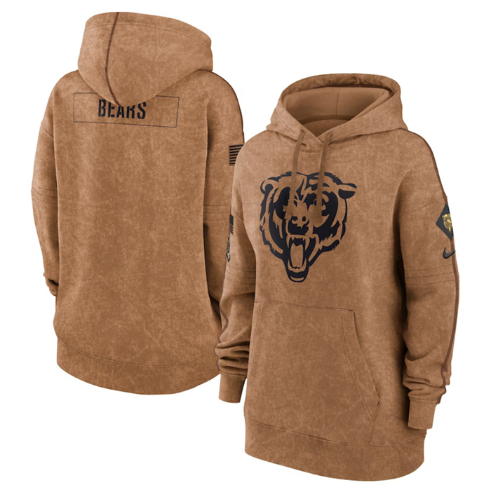 Personalized Women’s Chicago Bears 2023 Brown Salute To Service Pullover Hoodie(Run Small)