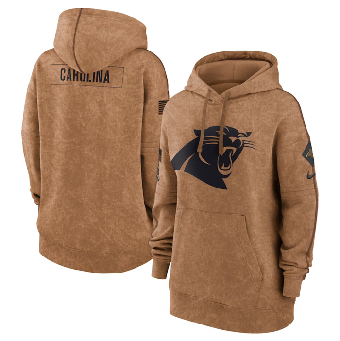 Personalized Women’s Carolina Panthers 2023 Brown Salute To Service Pullover Hoodie(Run Small)