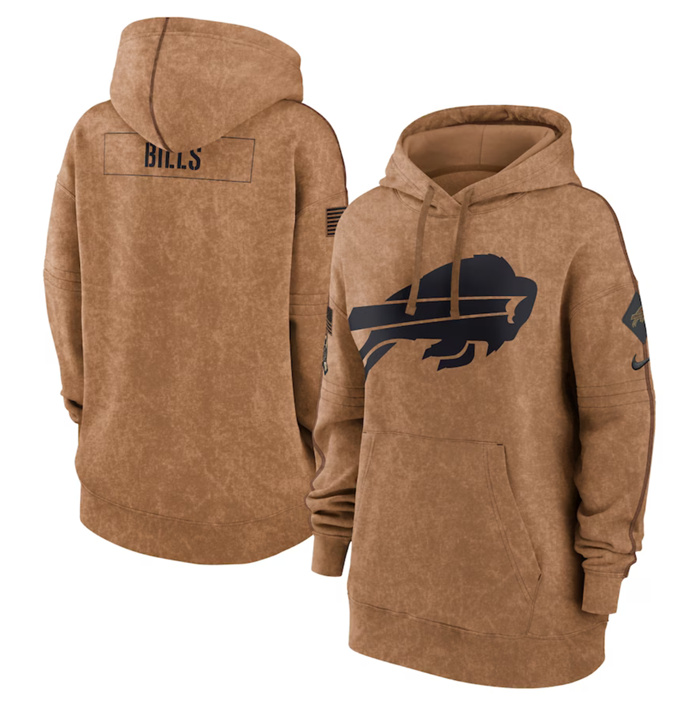 Personalized Women’s Buffalo Bills 2023 Brown Salute To Service Pullover Hoodie(Run Small)