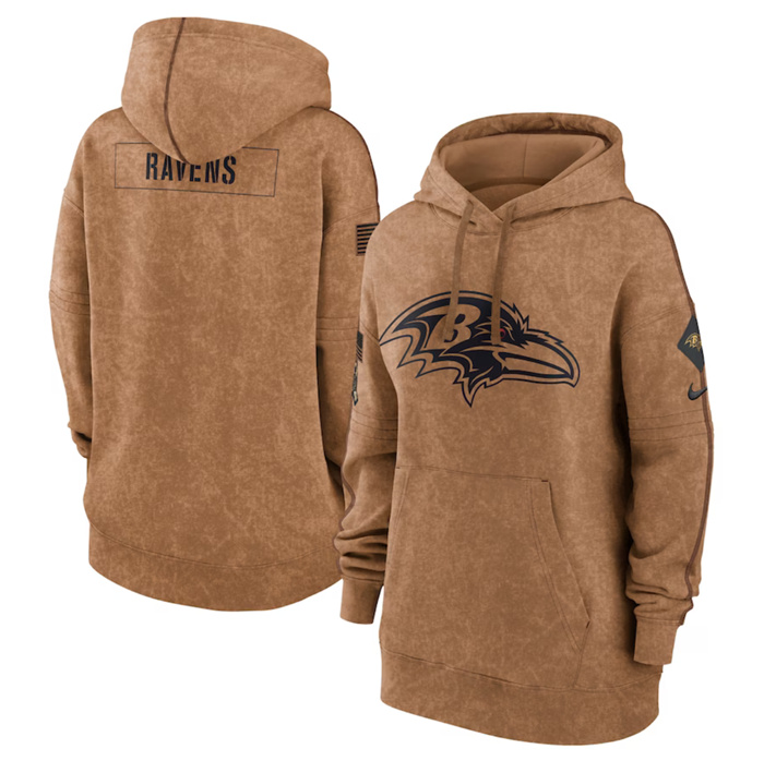 Personalized Women’s Baltimore Ravens 2023 Brown Salute To Service Pullover Hoodie(Run Small)