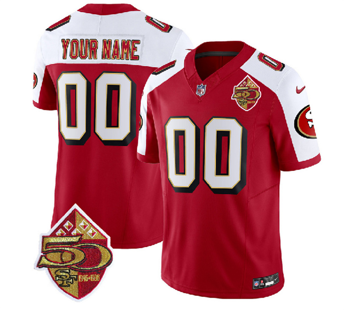 Personalized Men’s San Francisco 49ers Active Player Red White 2023 F.U.S.E. 50th Patch Throwback Stitched Football Jersey