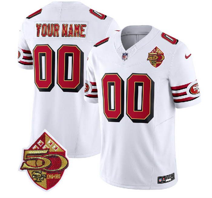 Personalized Men’s San Francisco 49ers Active Player White 2023 F.U.S.E. 50th Patch Untouchable Limited Stitched Football Jersey