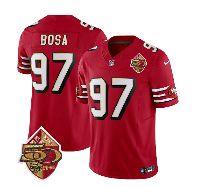 Personalized Men’s San Francisco 49ers #97 Nick Bosa Red 2023 F.U.S.E. 50th Patch Throwback Stitched Football Jersey