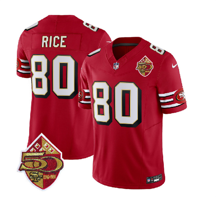 Personalized Men’s San Francisco 49ers 80 Jerry Rice Red 2023 F.U.S.E. 50th Patch Throwback Stitched Football Jersey