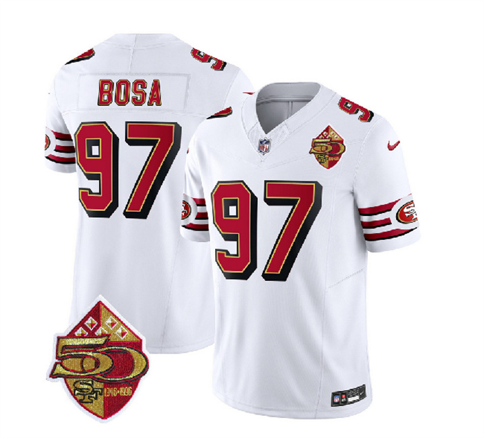 Personalized Men’s San Francisco 49ers #97 Nick Bosa White 2023 F.U.S.E. 50th Patch Throwback Stitched Football Jersey