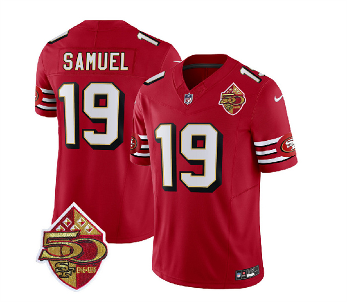 Personalized Men’s San Francisco 49ers #19 Deebo Samuel Red 2023 F.U.S.E. 50th Patch Throwback Stitched Football Jersey