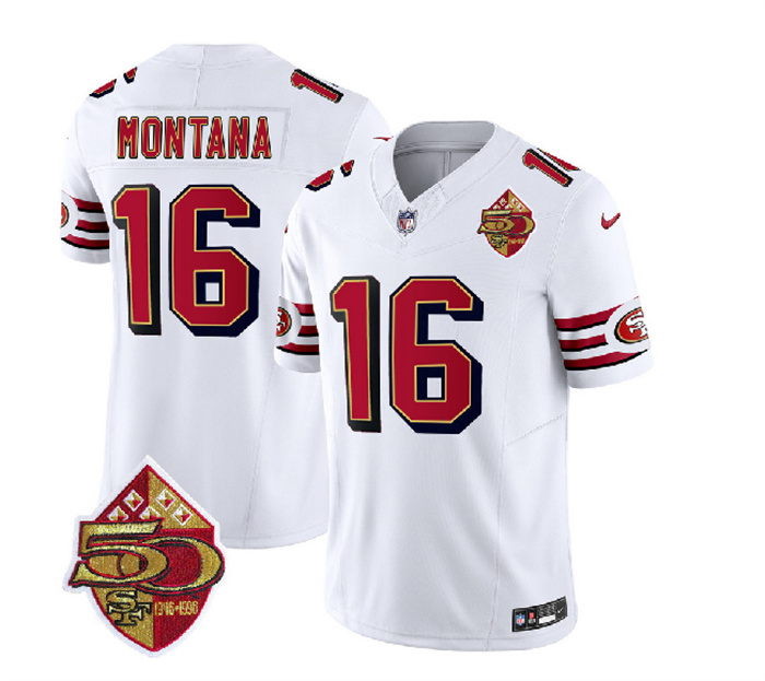 Personalized Men’s San Francisco 49ers #16 Joe Montana White 2023 F.U.S.E. 50th Patch Throwback Stitched Football Jersey