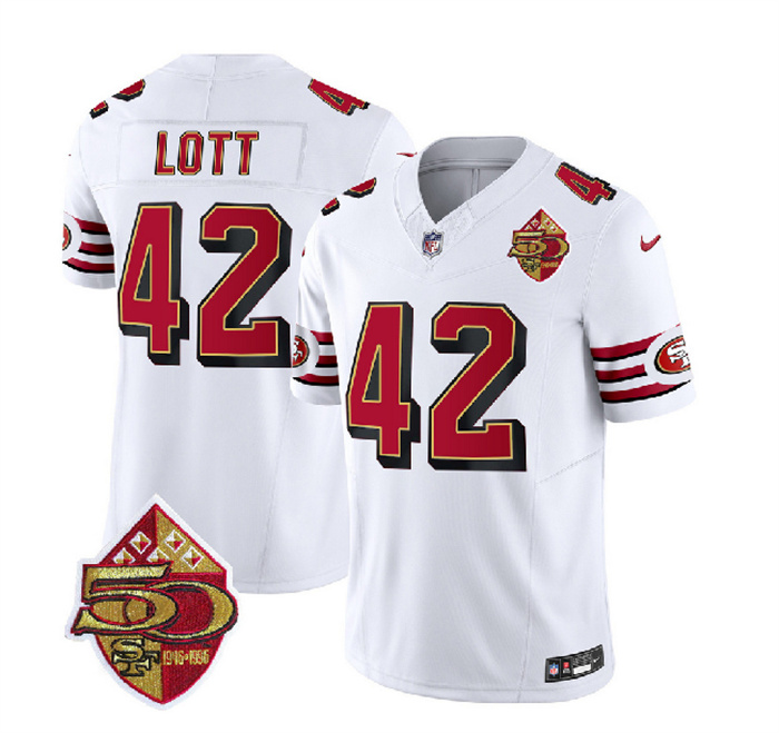 Personalized Men’s San Francisco 49ers #42 Ronnie Lott White 2023 F.U.S.E. 50th Patch Throwback Stitched Football Jersey
