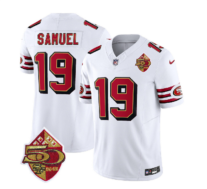 Personalized Men’s San Francisco 49ers #19 Deebo Samuel White 2023 F.U.S.E. 50th Patch Throwback Stitched Football Jersey