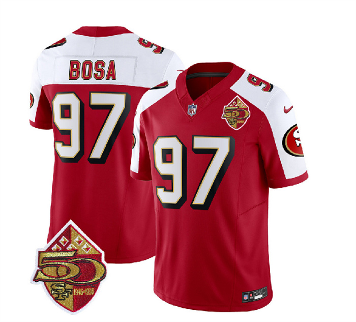 Personalized Men’s San Francisco 49ers #97 Nick Bosa Red White 2023 F.U.S.E. 50th Patch Throwback Stitched Football Jersey