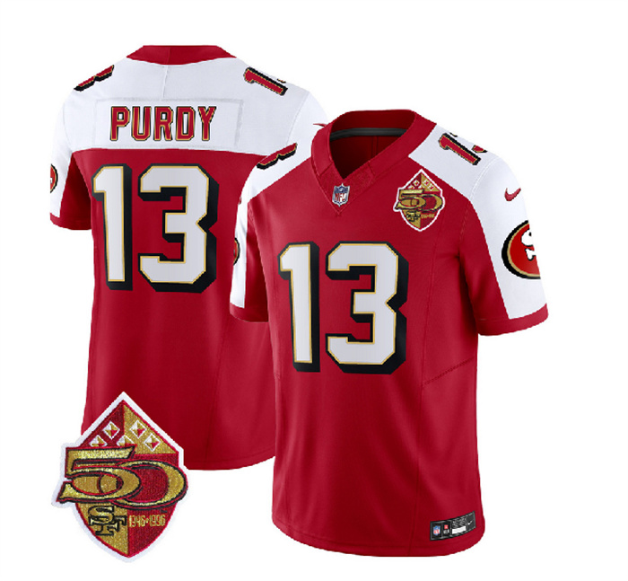 Personalized Men’s San Francisco 49ers #13 Brock Purdy Red White 2023 F.U.S.E. 50th Patch Throwback Stitched Football Jersey