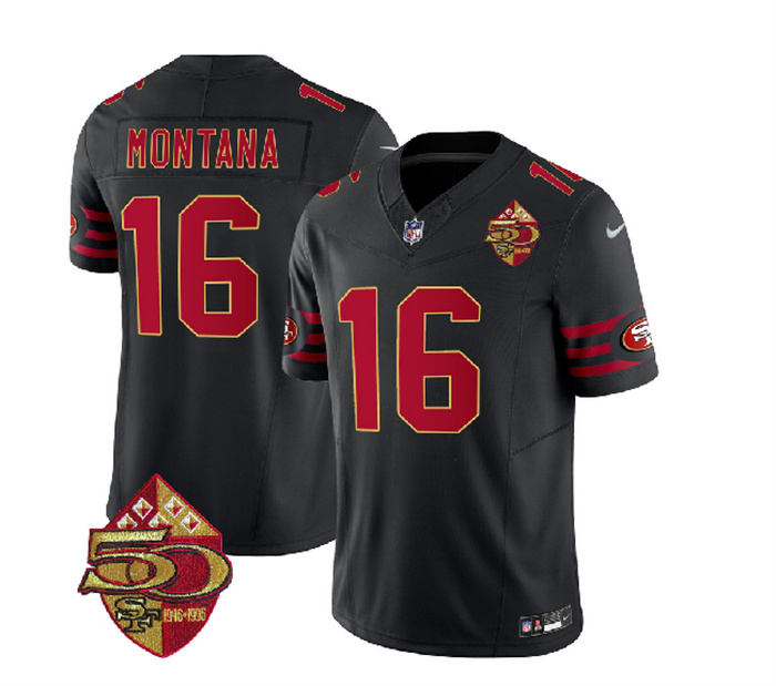 Personalized Men’s San Francisco 49ers #16 Joe Montana Black 2023 F.U.S.E. 50th Patch Limited Stitched Football Jersey