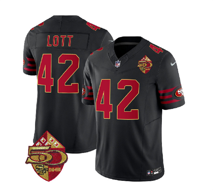 Personalized Men’s San Francisco 49ers #42 Ronnie Lott Black 2023 F.U.S.E. 50th Patch Limited Stitched Football Jersey