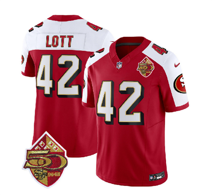 Personalized Men’s San Francisco 49ers #42 Ronnie Lott Red White 2023 F.U.S.E. 50th Patch Throwback Stitched Football Jersey