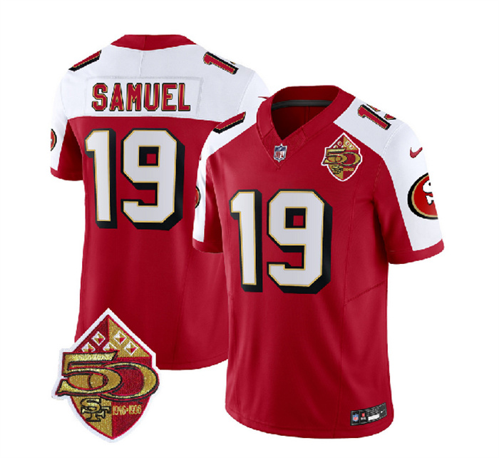 Personalized Men’s San Francisco 49ers #19 Deebo Samuel Red White 2023 F.U.S.E. 50th Patch Throwback Stitched Football Jersey