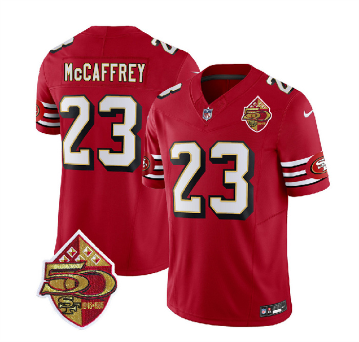 Personalized Men’s San Francisco 49ers #23 Christian McCaffrey Red 2023 F.U.S.E. 50th Patch Throwback Stitched Football Jersey