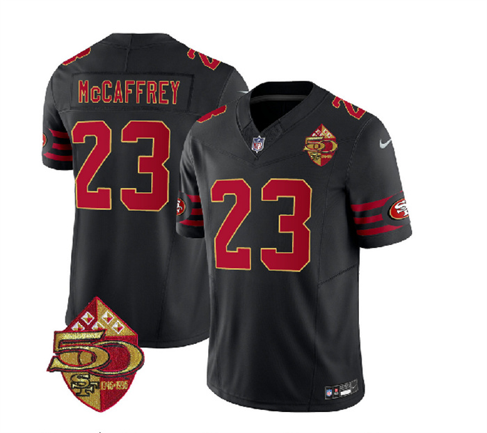 Personalized Men’s San Francisco 49ers #23 Christian McCaffrey Black 2023 F.U.S.E. 50th Patch Throwback Stitched Football Jersey