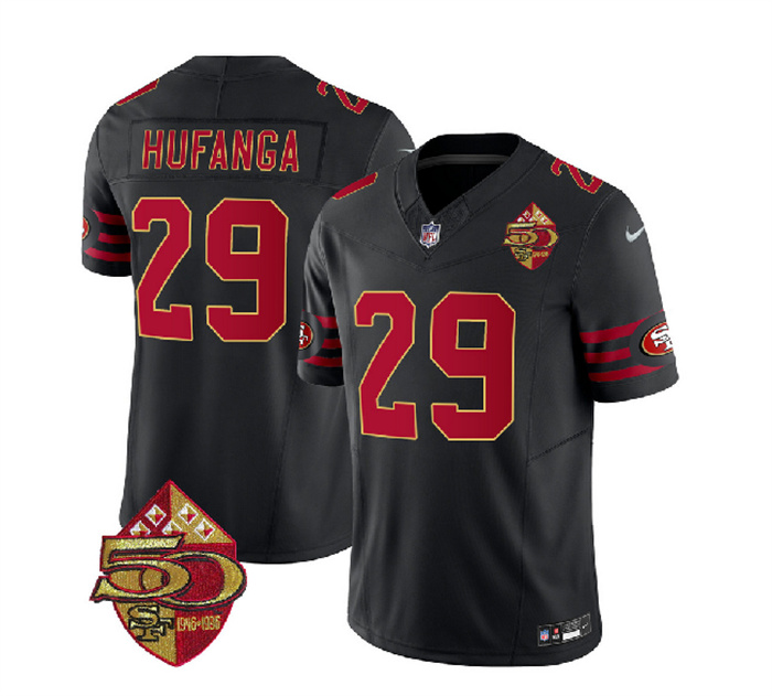 Personalized Men’s San Francisco 49ers #29 Talanoa Hufanga Black 2023 F.U.S.E. 50th Patch Limited Stitched Football Jersey