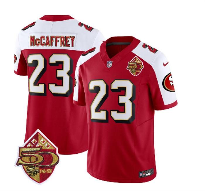 Personalized Men’s San Francisco 49ers #23 Christian McCaffrey Red White 2023 F.U.S.E. 50th Patch Throwback Stitched Football Jersey