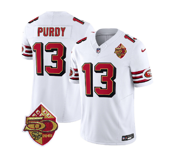 Personalized Men’s San Francisco 49ers #13 Brock Purdy White 2023 F.U.S.E. 50th Patch Untouchable Limited Stitched Football Jersey