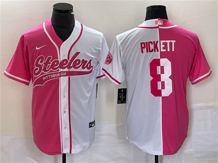 Personalized Men’s Pittsburgh Steelers #8 Kenny Pickett White Pink Split Cool Base Stitched Baseball Jersey