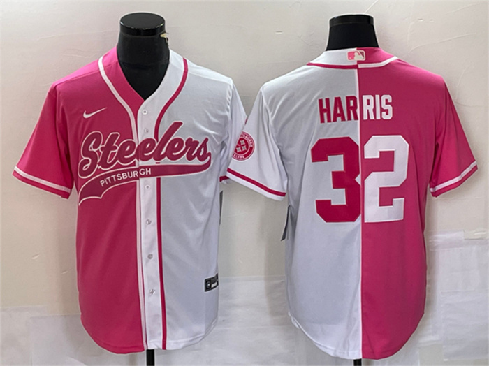 Personalized Men’s Pittsburgh Steelers #32 Franco Harris White Pink Split Cool Base Stitched Baseball Jersey