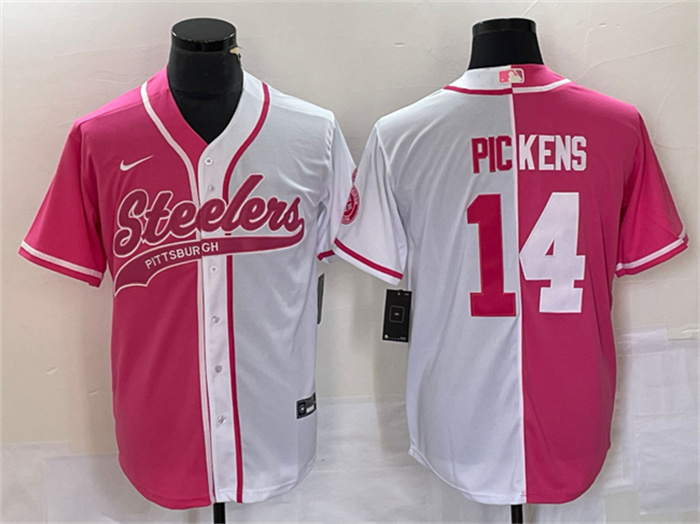 Personalized Men’s Pittsburgh Steelers #14 George Pickens White Pink Split Cool Base Stitched Baseball Jersey