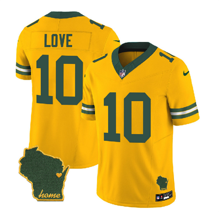 Personalized Men’s Green Bay Packers #10 Jordan Love Gold 2023 F.U.S.E. Home Patch Untouchable Limited Stitched Jersey