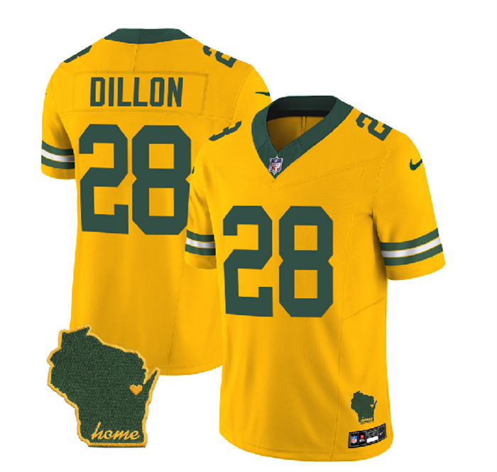 Personalized Men’s Green Bay Packers #28 A.J. Dillon Gold 2023 F.U.S.E. Home Patch Untouchable Limited Stitched Jersey