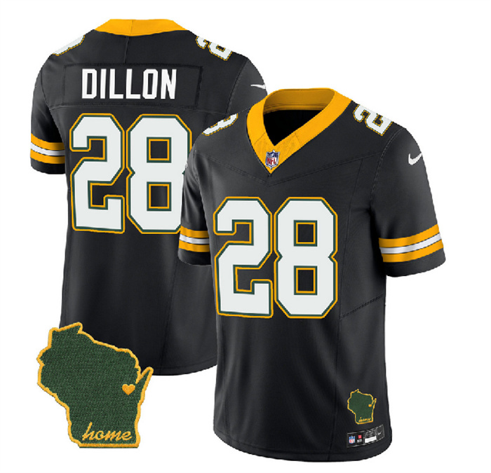 Personalized Men’s Green Bay Packers #28 A.J. Dillon Black 2023 F.U.S.E. Home Patch Untouchable Limited Stitched Jersey