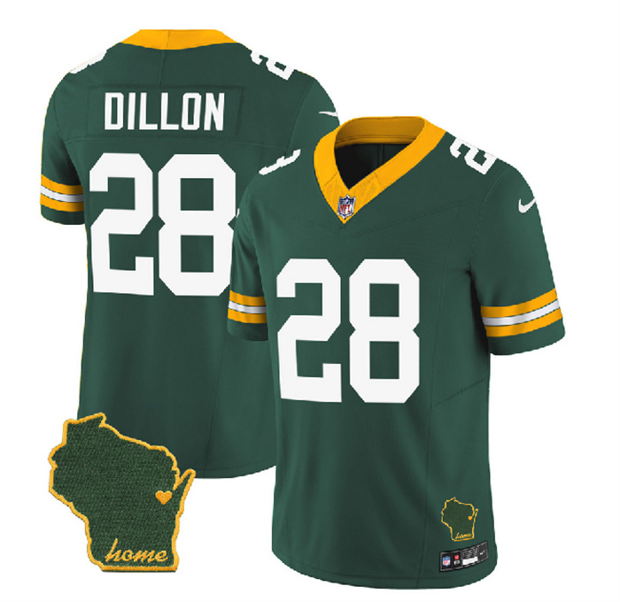 Personalized Men’s Green Bay Packers #28 A.J. Dillon Green 2023 F.U.S.E. Home Patch Untouchable Limited Stitched Jersey