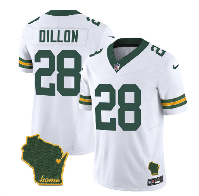 Personalized Men’s Green Bay Packers #28 A.J. Dillon White 2023 F.U.S.E. Home Patch Untouchable Limited Stitched Jersey