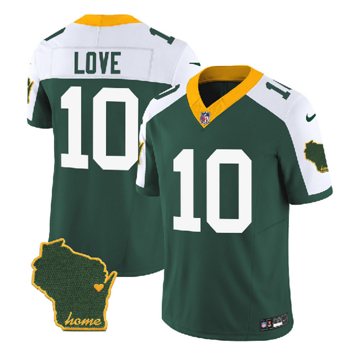 Personalized Men’s Green Bay Packers #10 Jordan Love Green White 2023 F.U.S.E. Home Patch Untouchable Limited Stitched Jersey