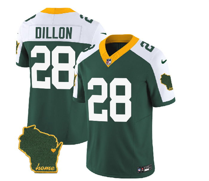 Personalized Men’s Green Bay Packers #28 A.J. Dillon Green White 2023 F.U.S.E. Home Patch Untouchable Limited Stitched Jersey