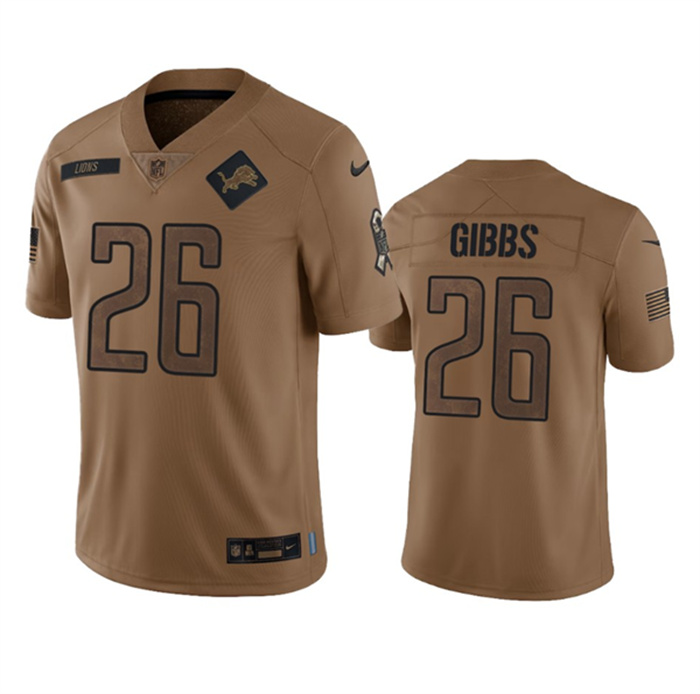 Personalized Men’s Detroit Lions #26 Jahmyr Gibbs 2023 Brown Salute To Service Limited Stitched Jersey
