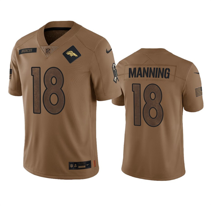 Personalized Men’s Denver Broncos #18 Peyton Manning 2023 Brown Salute To Service Limited Stitched Football Jersey