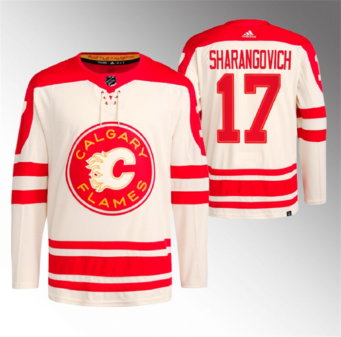 Personalized Men’s Calgary Flames #17 Yegor Sharangovich 2023 Cream Heritage Classic Primegreen Stitched Jersey
