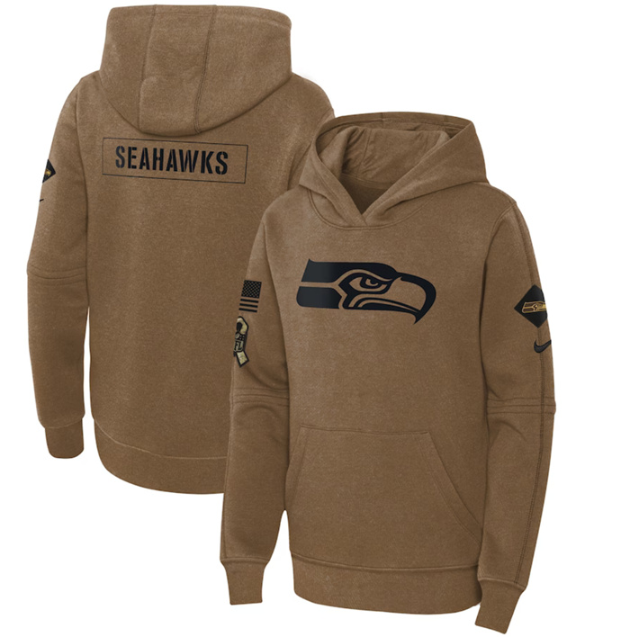 Personalized Youth Seattle Seahawks 2023 Brown Salute To Service Pullover Hoodie
