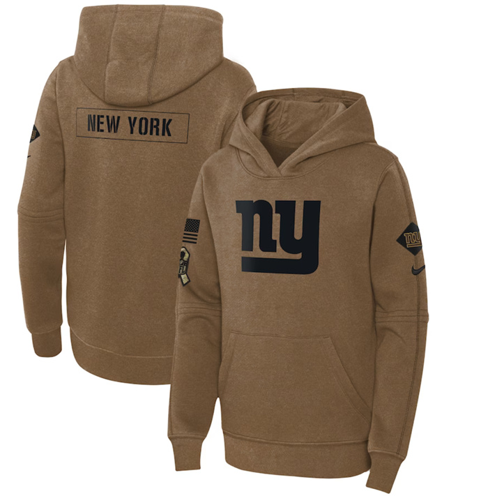 Personalized Youth New York Giants 2023 Brown Salute To Service Pullover Hoodie
