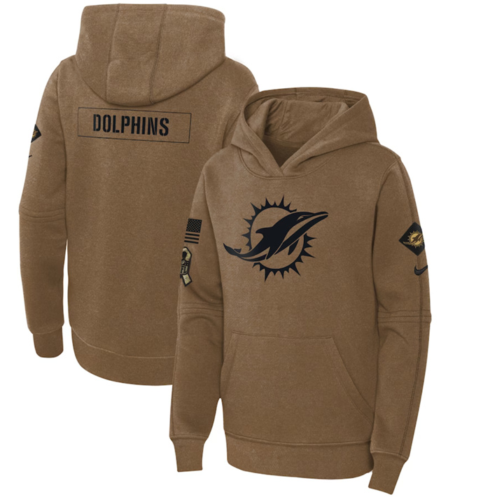 Personalized Youth Miami Dolphins 2023 Brown Salute To Service Pullover Hoodie
