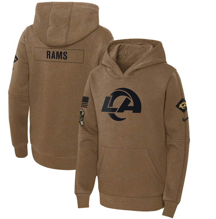 Personalized Youth Los Angeles Rams 2023 Brown Salute To Service Pullover Hoodie