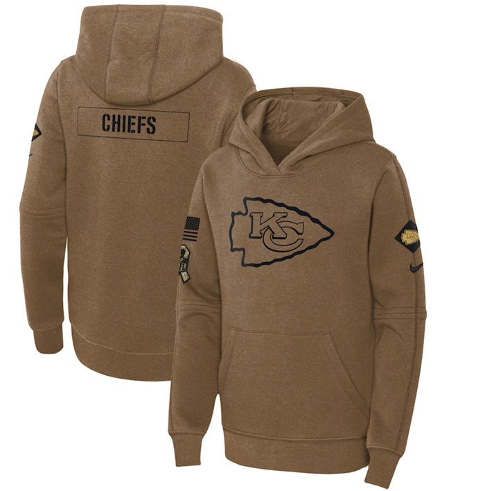 Personalized Youth Kansas City Chiefs 2023 Brown Salute To Service Pullover Hoodie