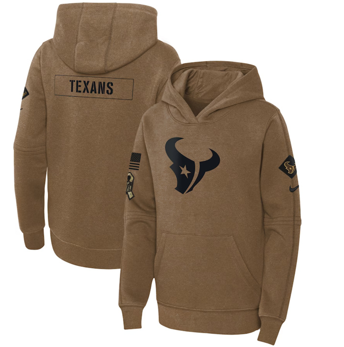 Personalized Youth Houston Texans 2023 Brown Salute To Service Pullover Hoodie