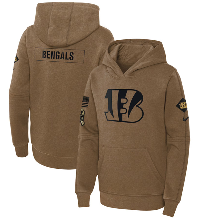 Personalized Youth Cincinnati Bengals 2023 Brown Salute To Service Pullover Hoodie
