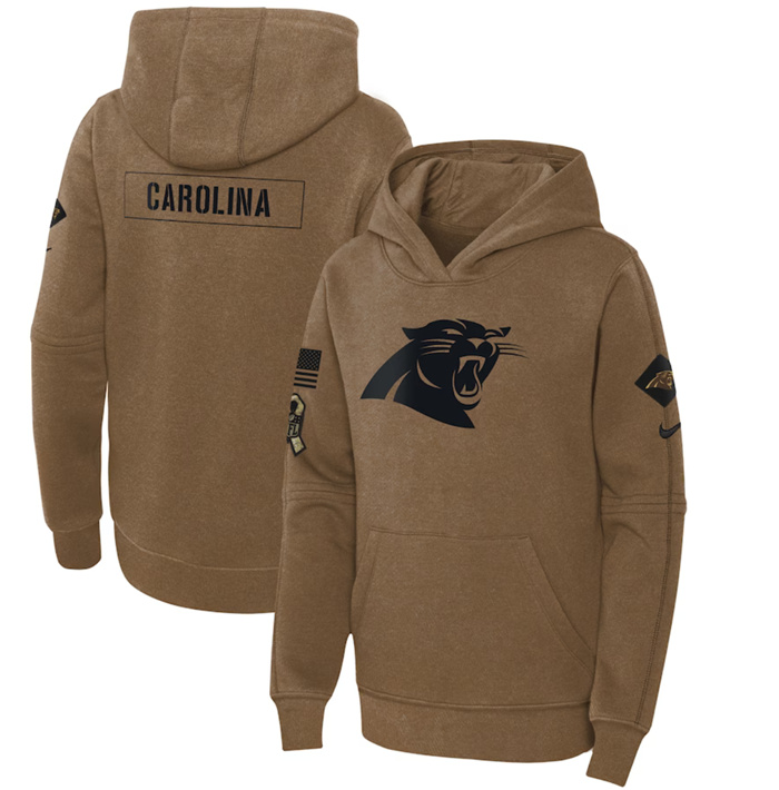 Personalized Youth Carolina Panthers 2023 Brown Salute To Service Pullover Hoodie