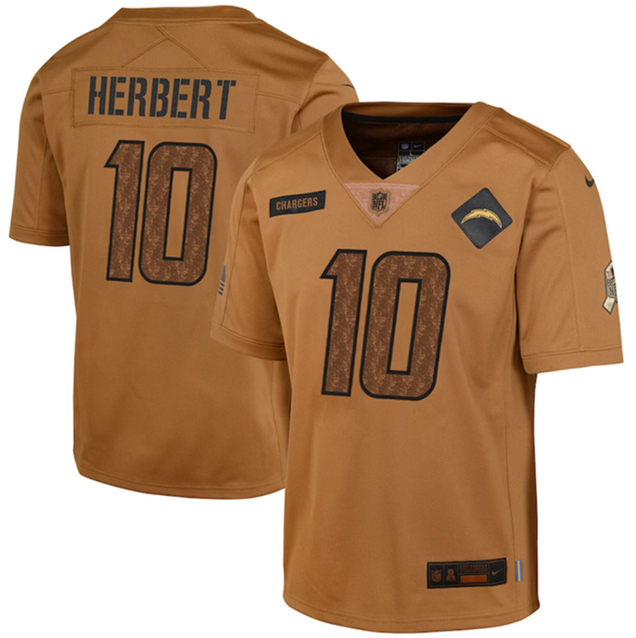 Personalized Youth Los Angeles Chargers #10 Justin Herbert 2023 Brown Salute To Service Limited Stitched Football Jersey