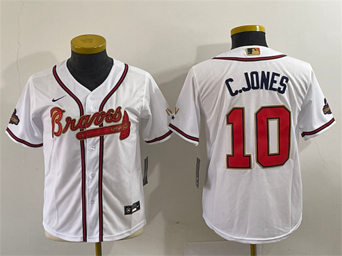 Personalized Youth Atlanta Braves 2022 White Gold World Series Champions Program Stitched Jersey