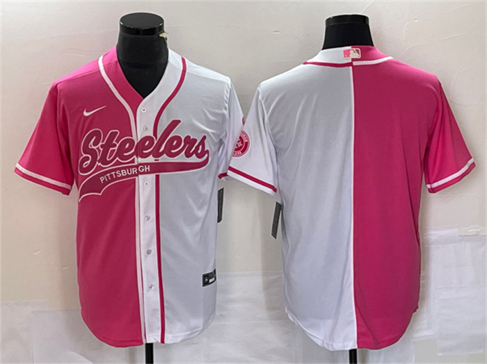 Personalized Men’s Pittsburgh Steelers Blank White Pink Split Cool Base Stitched Baseball Jersey